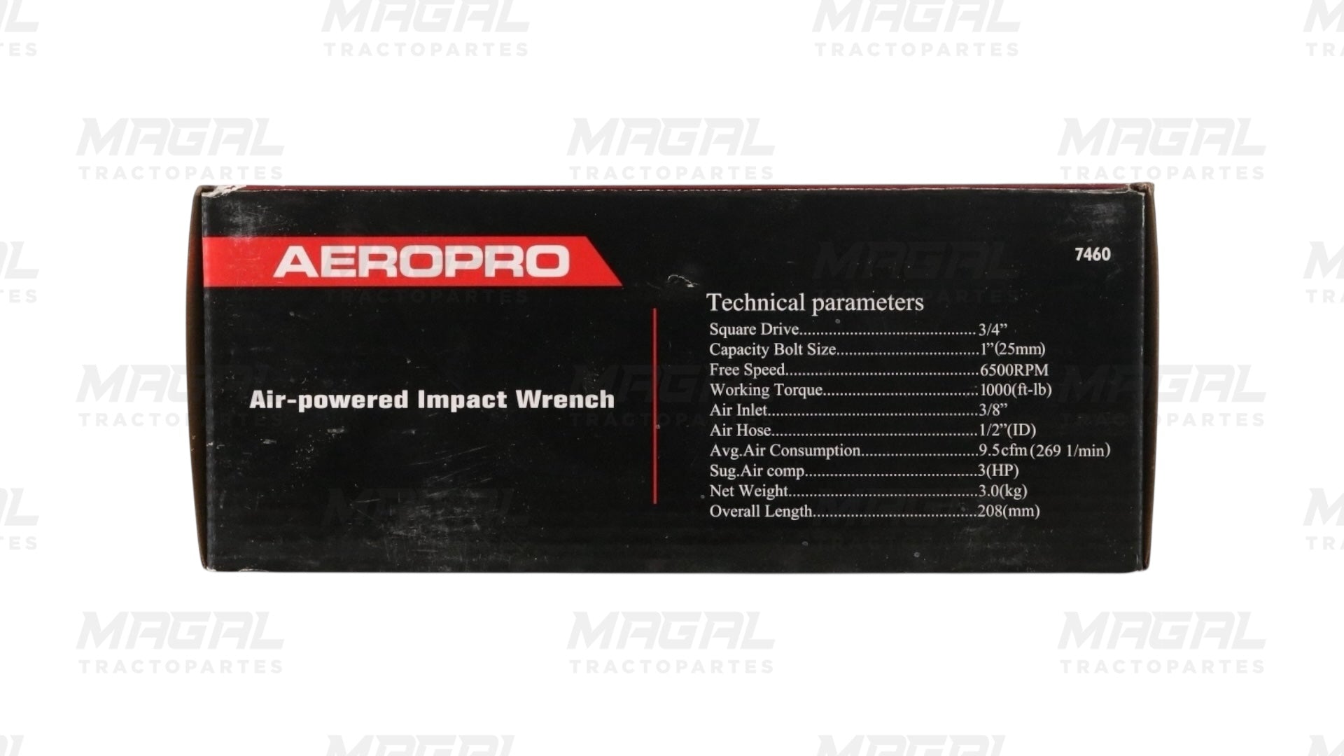 Especificaciones técnicas de la pistola de impacto AEROPRO 7460 impresas en el costado de la caja, incluyendo torque, velocidad, entrada de aire y peso.

