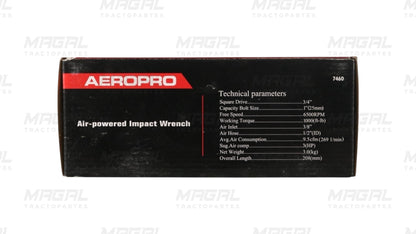 Especificaciones técnicas de la pistola de impacto AEROPRO 7460 impresas en el costado de la caja, incluyendo torque, velocidad, entrada de aire y peso.

