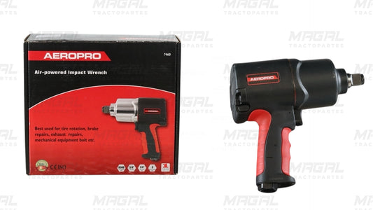 Pistola de impacto AEROPRO modelo 7460 con kit y caja original, herramienta neumática para rotación de llantas y reparación mecánica.

