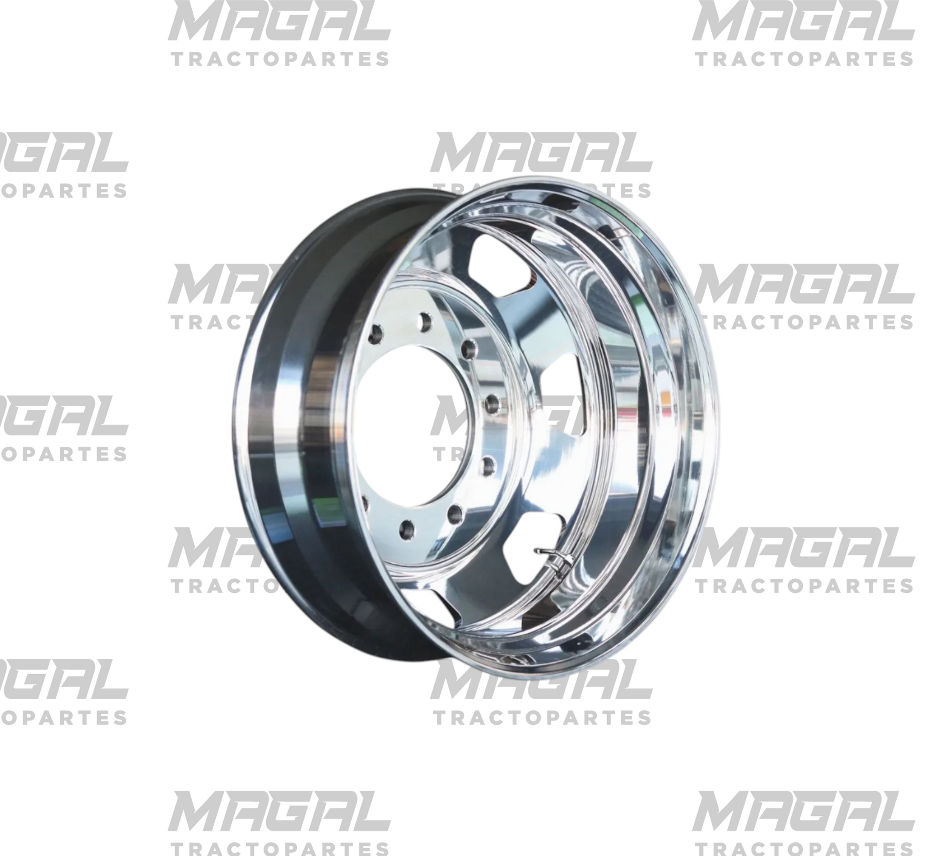 Vista tres cuartos de rin Unemon 24.5 de aluminio, 7 ventilas y acabado espejo