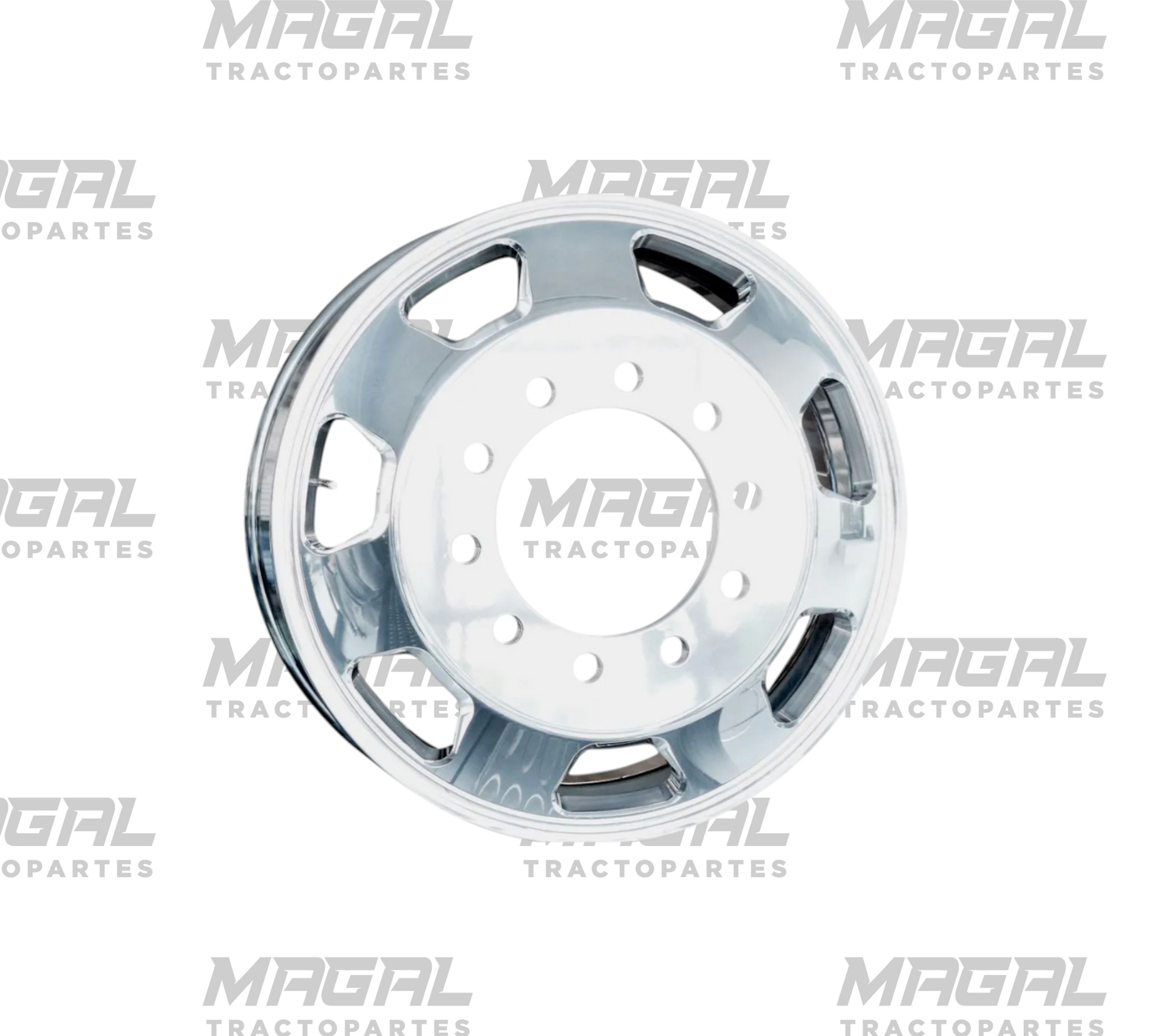 Vista frontal de rin Unemon 24.5, 7 ventilas, acabado espejo para tráiler o camión