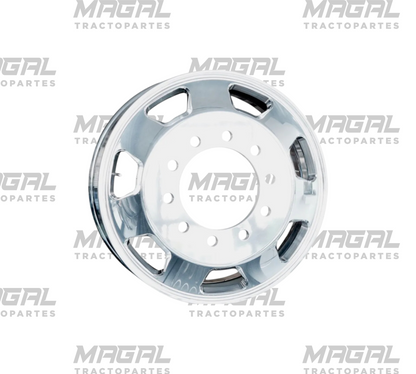 Vista frontal de rin Unemon 24.5, 7 ventilas, acabado espejo para tráiler o camión