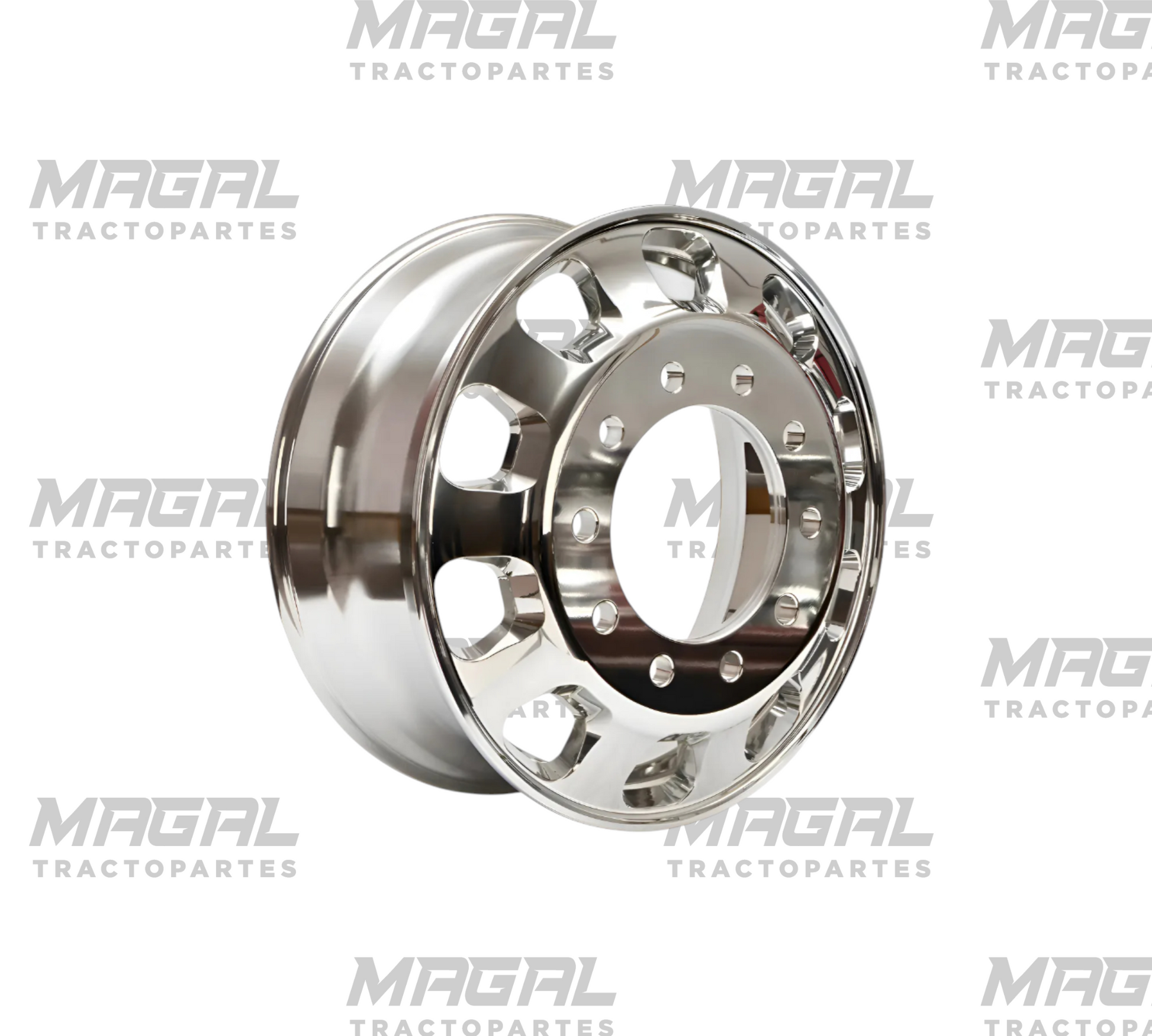 Rin de aluminio tipo Kenworth 22.5 10 ventanas 8000 lb plateado vista 3/4