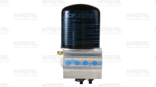 Secador de aire AD-1S 12 volts marca ACP, con cartucho negro y base de aluminio para sistemas de freno neumático.

