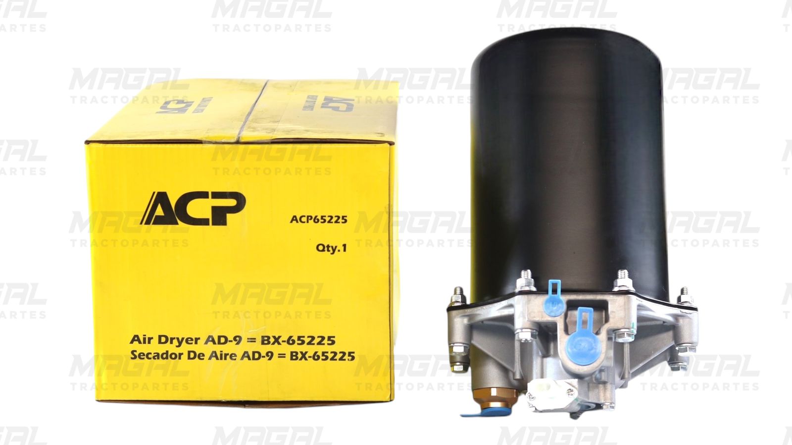 Secador de aire AD-9 ACP modelo 65225 con caja original, ideal para sistemas de freno neumático en tractocamiones.

