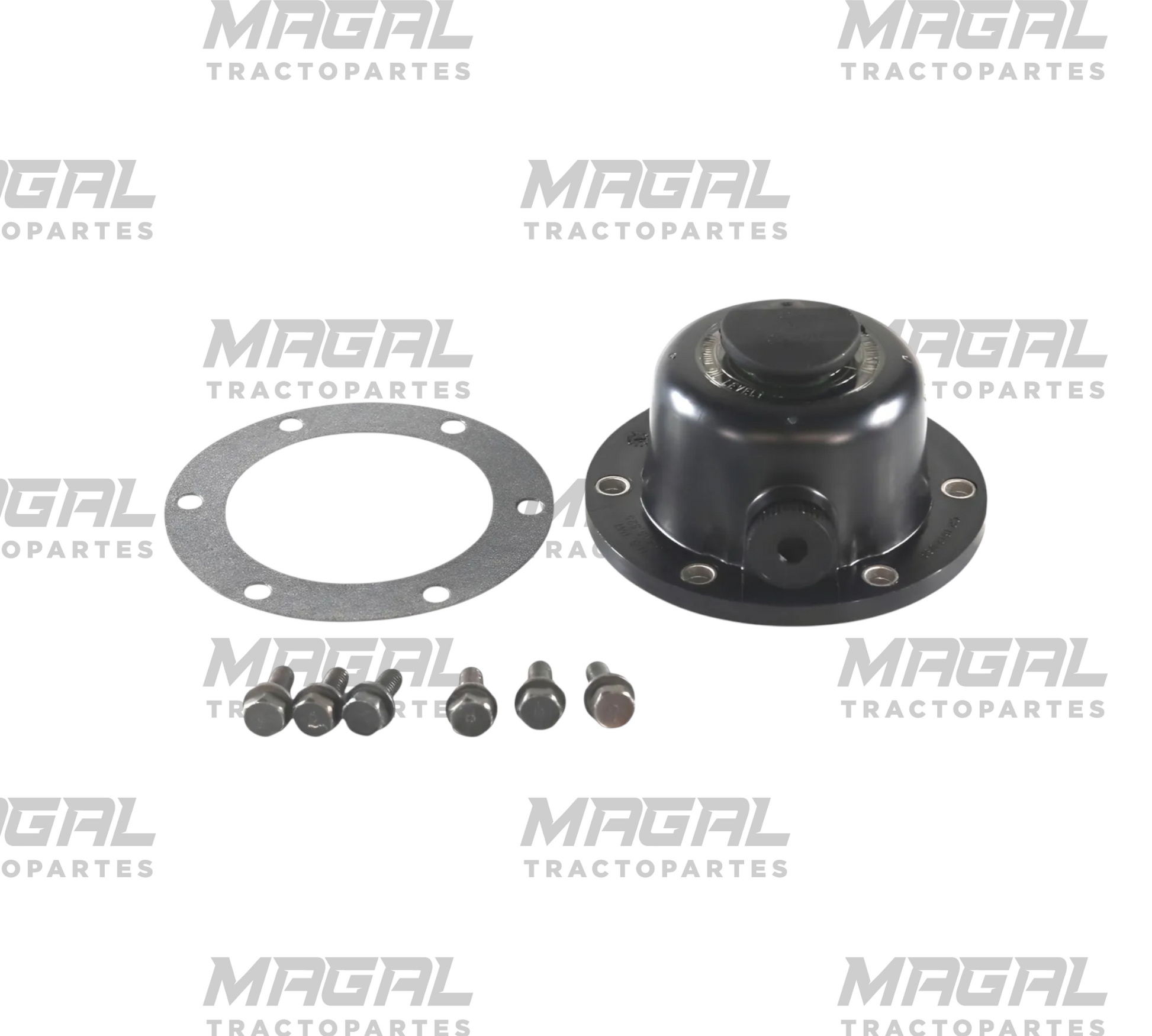 Kit de tapa de eje 6 hoyos con junta 5.5 en perspectiva tres cuartos; se aprecian tapa, empaque y tornillos