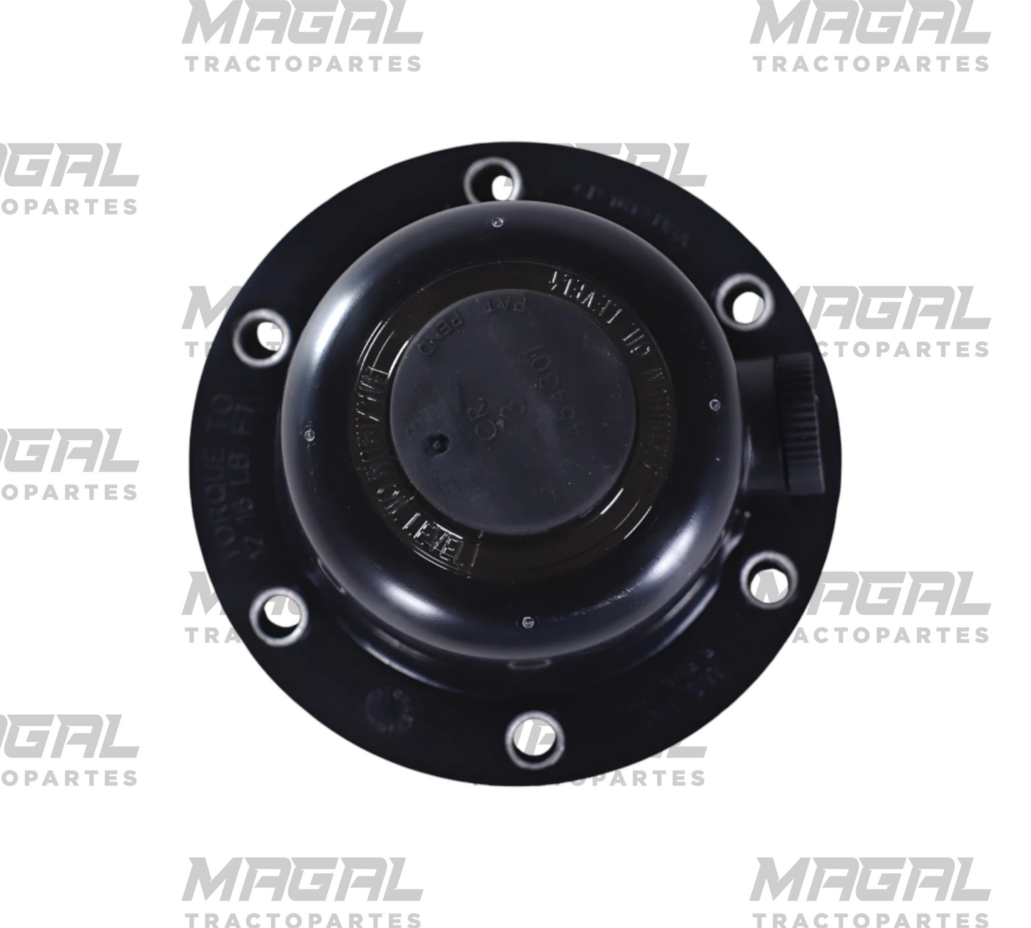 Tapa de eje delantero 6 hoyos con domo negro y puerto lateral, vista superior centrada; se aprecian las seis perforaciones de montaje