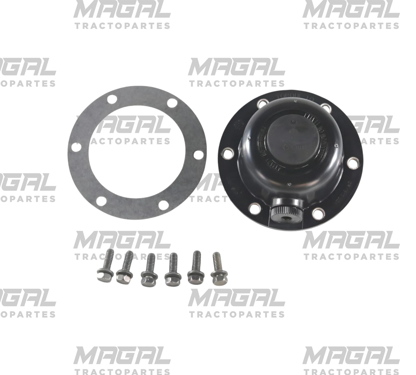 Kit de tapa de eje delantero 6 hoyos con junta 5.5: aro de junta, tapa negra y seis tornillos, vista superior en fondo blanco