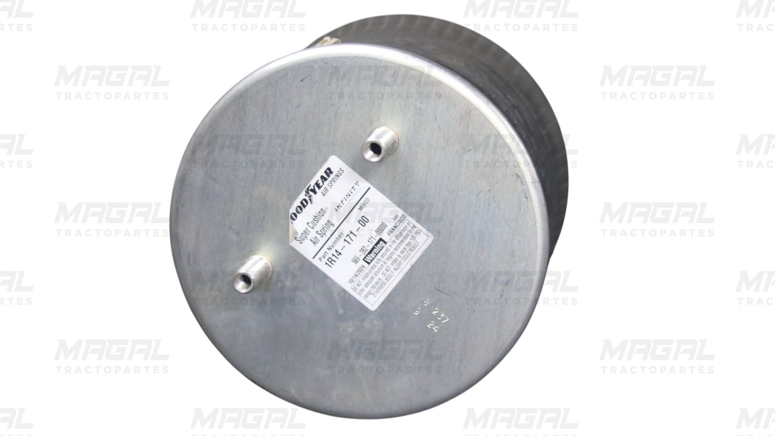 Tapa superior metálica de la bolsa de aire Goodyear modelo 1R14-171-00, con etiqueta de especificaciones visibles y doble salida de aire.
