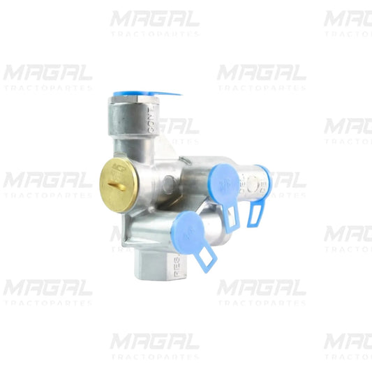 Válvula de control 110700 ACP fabricada en aluminio con terminaciones en latón y conectores azules de seguridad, utilizada en sistemas neumáticos de tractocamiones para regular presión de aire, fondo blanco, producto nuevo de Magal Tractopartes.