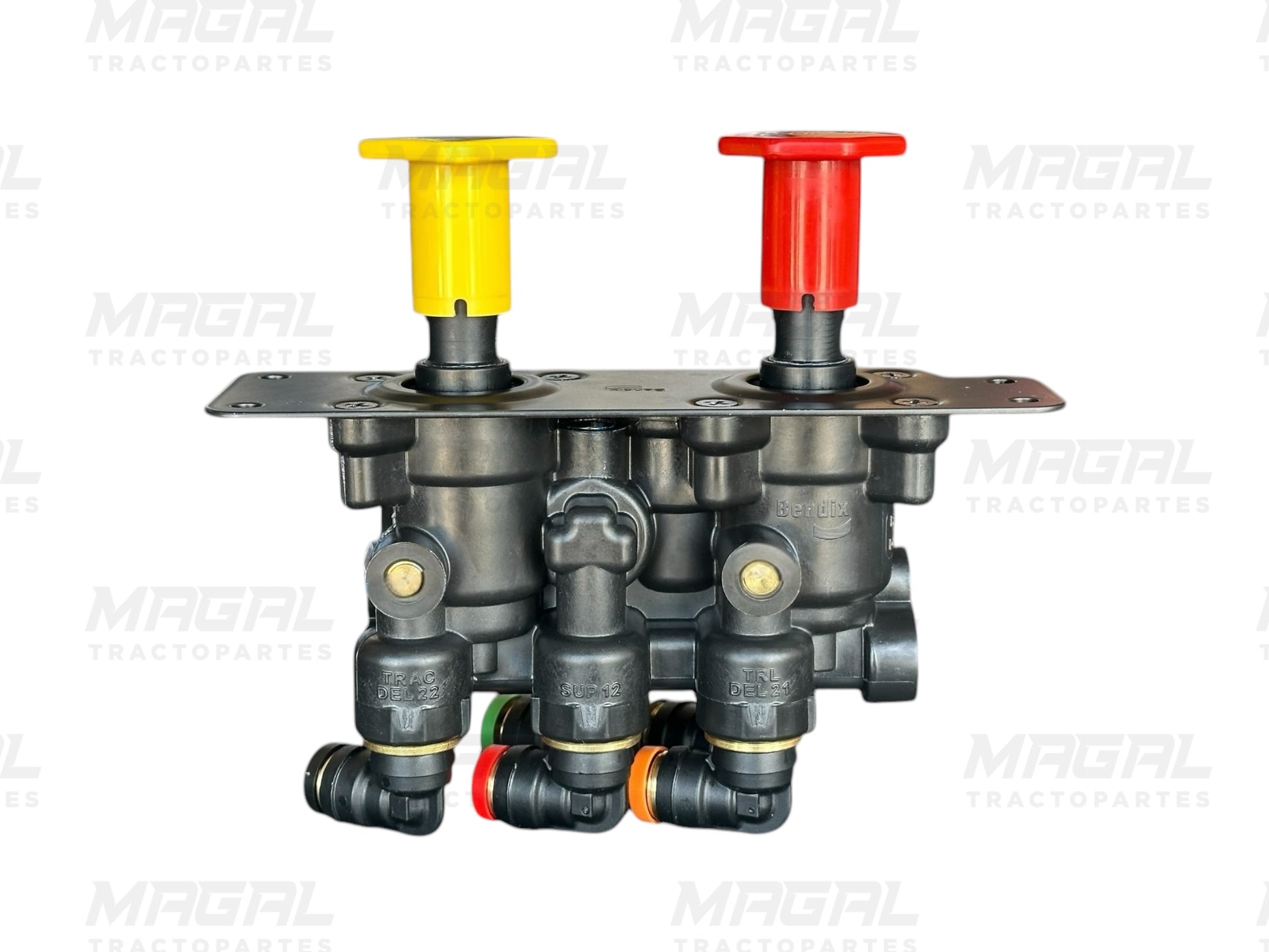 Vista lateral de válvula Bendix 802804 con controles de freno amarillo y rojo para remolque y tracto