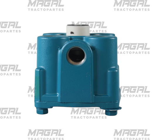 Válvula de relevo Bendix R-12 en vista lateral, cuerpo azul con puerto frontal y tapa superior clara