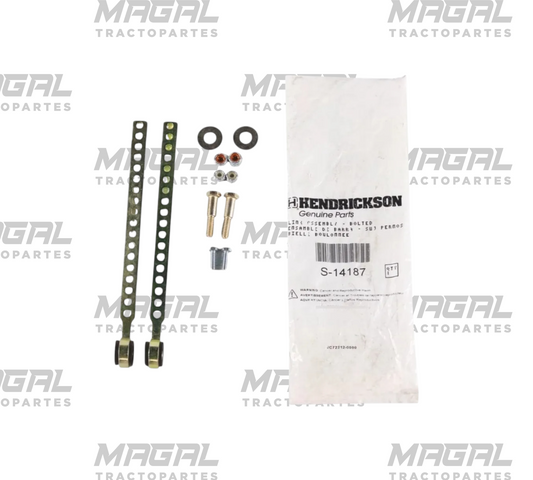 Kit varilla niveladora ajustable 14 pulgadas Hendrickson S-14187: dos brazos perforados, tornillos, tuercas, arandelas y empaque a un lado