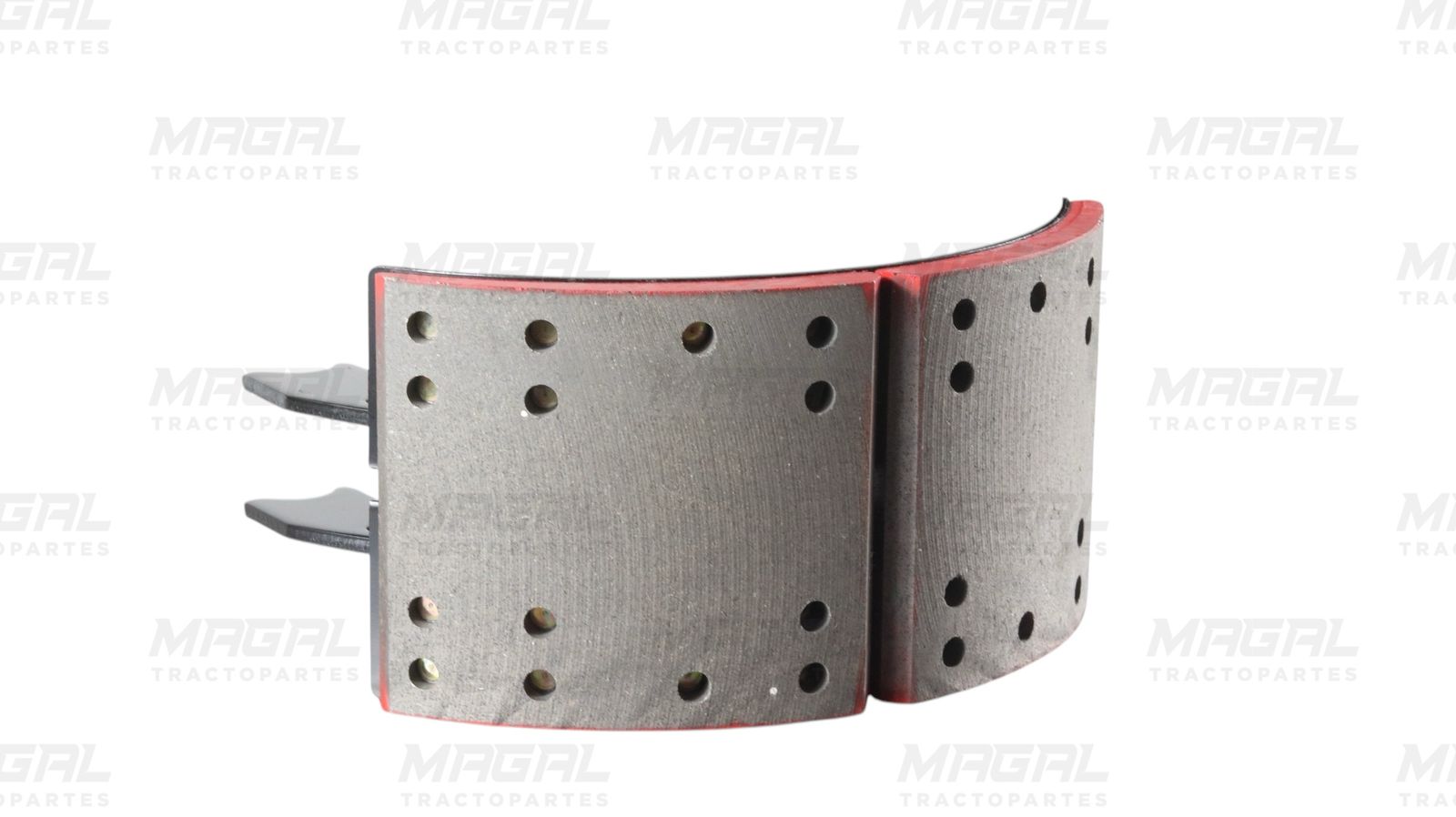 Vista lateral de la balata y zapata de freno 4709 JB con perforaciones y recubrimiento rojo, compatible con sistemas de freno de carga pesada
